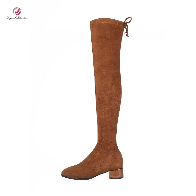 

Original Intention Women Over-the-Knee Boots Round Toe Square Metal Mid Heels Boots Woman Solid Black Brown Concise Shoes Woman