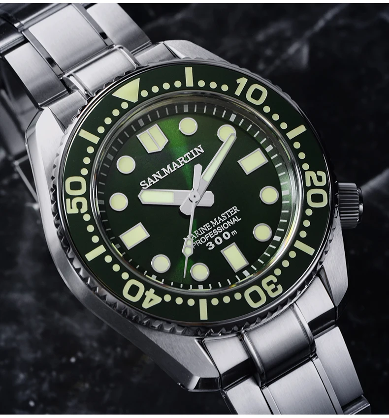 san martin green Мужские автоматические часы для ныряльщика, часы из нержавеющей стали, водонепроницаемость 300 м, Акула SBDX001, керамический ободок, модные наручные часы - Цвет: san martin green