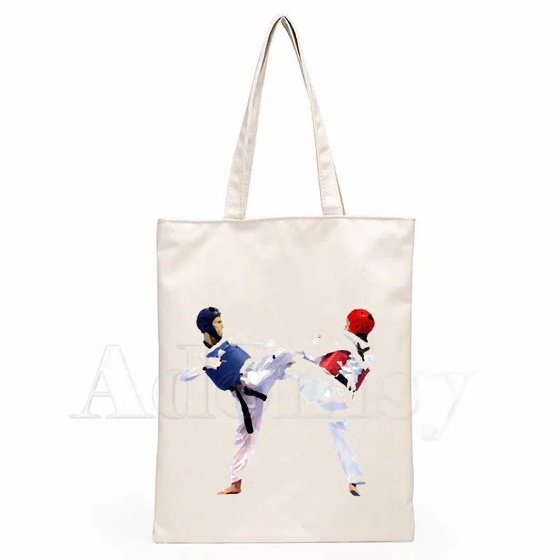 

Korea Taekwondo Print Reusable Shopping Bag Women Canvas Tote Bags Printing Eco Bag Cartoon Shopper Shoulder Bags