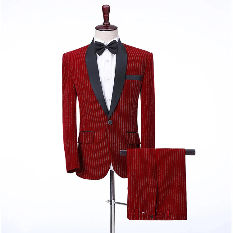 Plyesxale Бургундия черный Королевский синий полосатый костюмы для мужчин Slim Fit s бархатный костюм 2 шт. певица сценический Свадебный костюм Q605