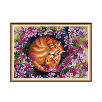 

Cat in Flowers Cross-stitch Embroidery Kits DIY Handmade Needlework Beginner 14ct 11ct Counted Printed Canvas Cross Stitch Sets
