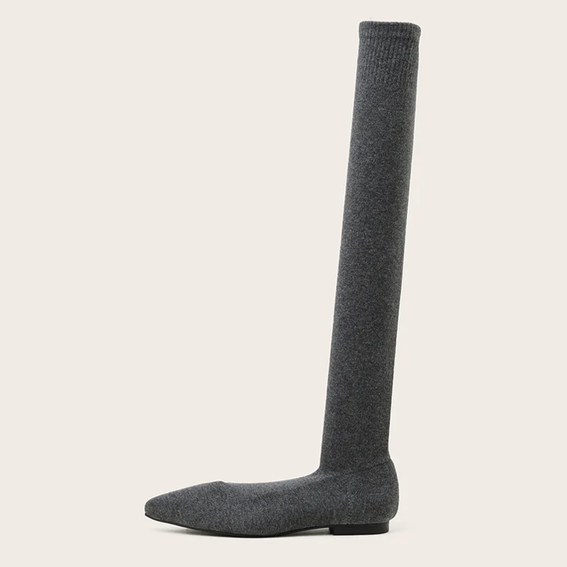 Size 34-40 Women's Black Thigh High Sock Boots - Slim Leg Stretch Fabric Pointed Toe Flat Heels Over The Knee Slip On Shoes