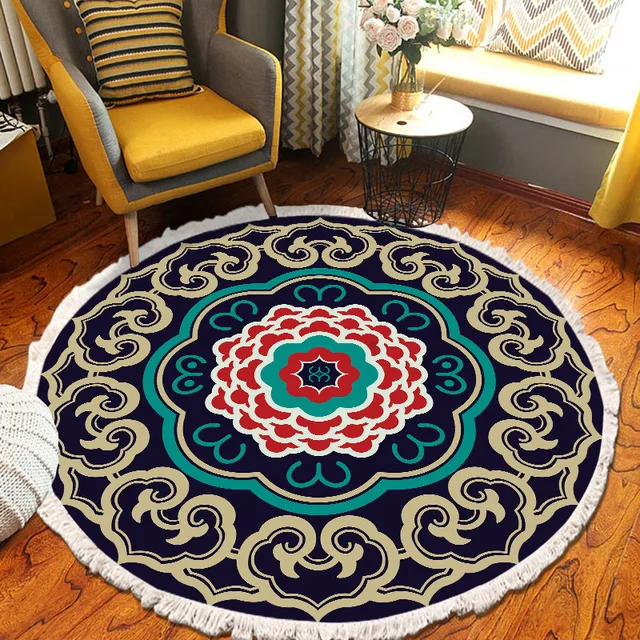 ​Home Decor Retro Bohemian Round Carpet Hand Woven Cotton Linen Carpet Rug Bedside Rug Geometric Floor Mat Living Room Carpet F