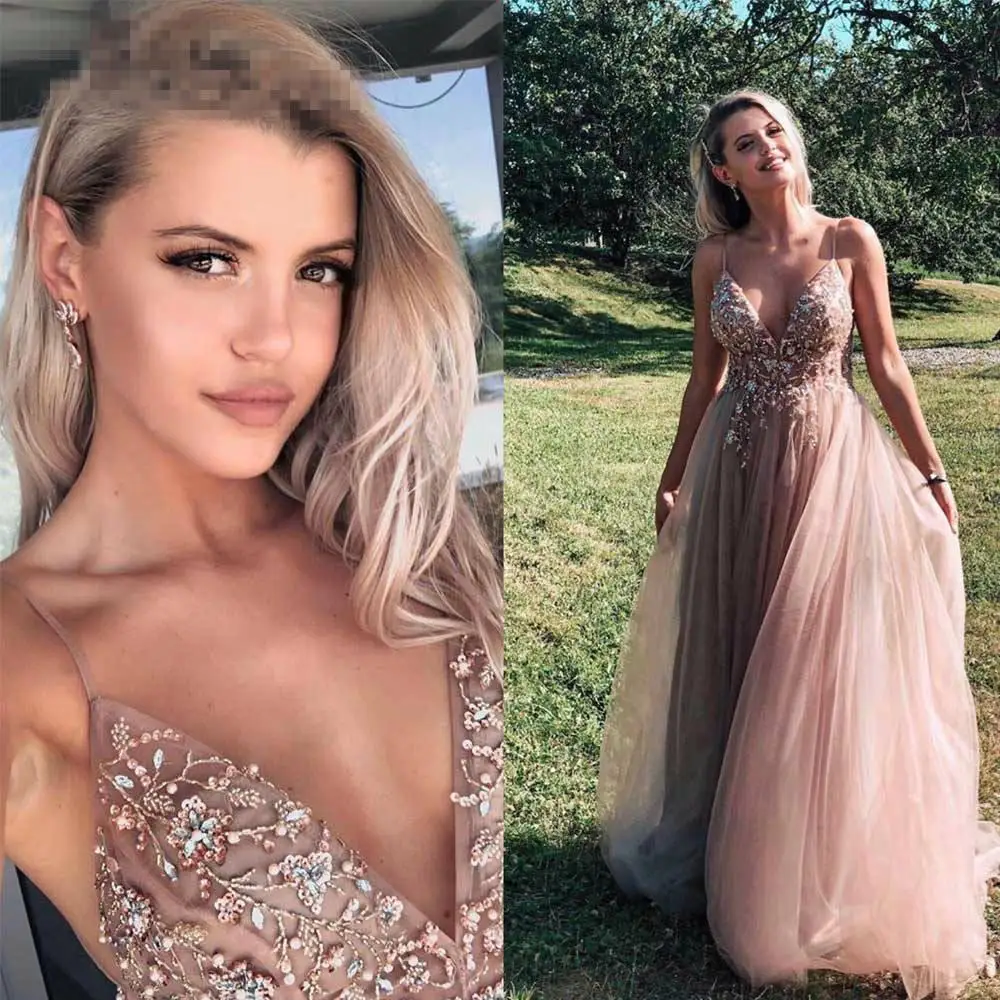 Zoete Oudroze Crystal Lange Prom Dresses 2020 Spaghettibandjes See Through Tulle Avondjurk Split EEN Lijn Formele prom jurk Zoete Oudroze Crystal Lange Prom Dresses 2020 Spaghettibandjes See Through Tulle Avondjurk Split EEN Lijn Formele prom jurk