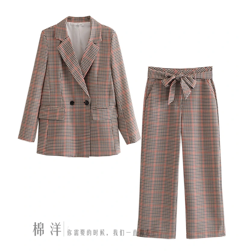 

Retro fashionable suit women 2020 spring and autumn new plaid double-breasted suit jacket high waist wide leg pants skirt women