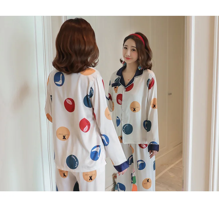 M-4XL размера плюс Для женщин шелковые пижамы набор Весна стиль с печатным рисунком и длинным рукавом, одежда для сна для Для женщин 80 кг, размер изделия