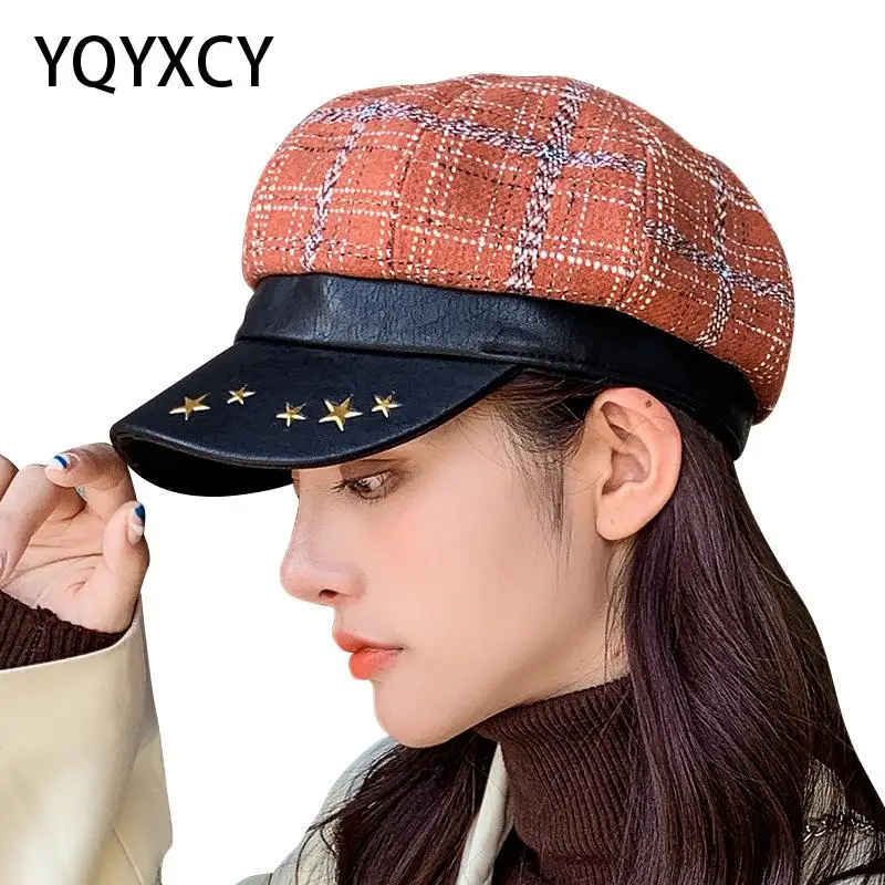 

YQYXCY Hat Women Winter Octagonal Hat Female Newsboy Cap Leather Brim Beret Star Pattern Plaid Hat Vintage Fashion Design Gorros