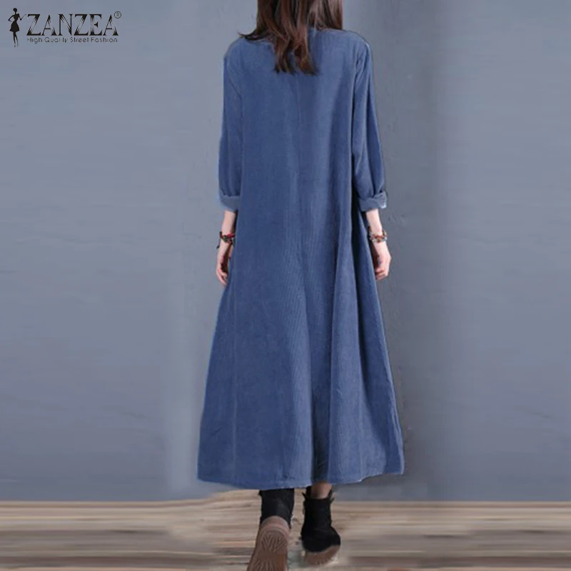 Женская Длинная блузка ZANZEA Стильная джинсовая синяя рубашка Vestidos весенний кардиган на пуговицах Повседневная Верхняя одежда Большие размеры пальто-туники