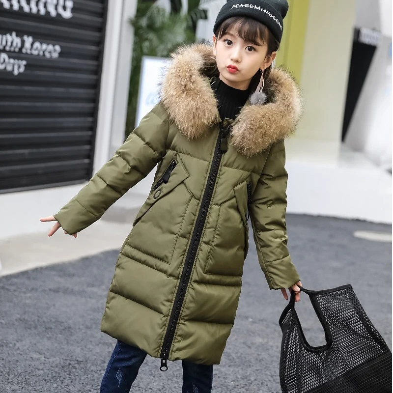 

Hooded Fur Warm Snow Parka Girls Down Jacket Coat Toddler Children Dress Winter Outerwear Army Green 5-14 Years Zip Pocket