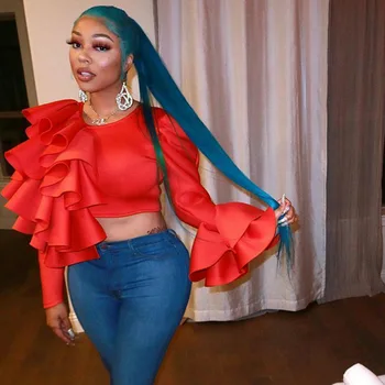 

Red Tops Long Flare Sleeves Ruffles Women Crop Tops Shirts Bluas Clubwear Party Sexy Night Event Female Spring Summer New Slim