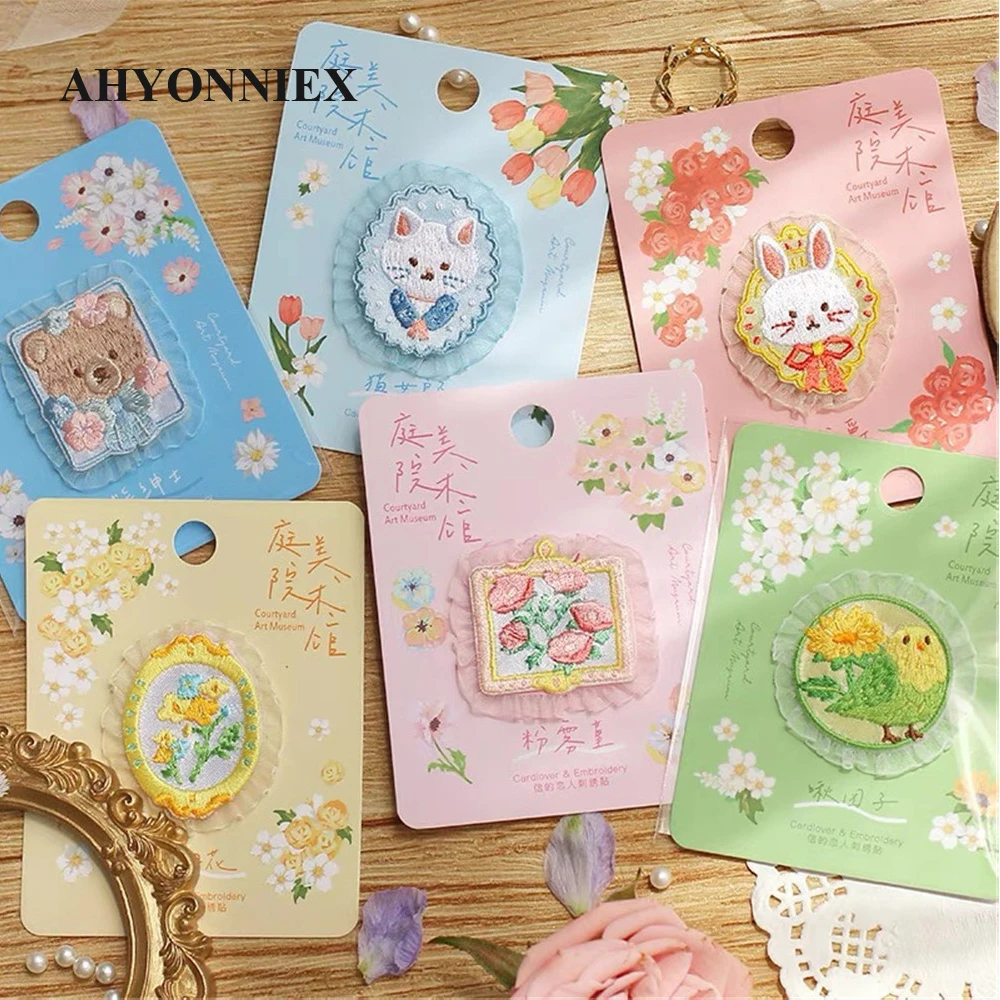 AHYONNIEX Hof Kunst Museum Stickerei Patches für Tasche Jeans Bär Katze Vogel Eisen Auf Patches für Baby Kleidung Kleine DIY patch