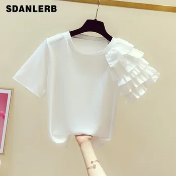 

T-shirt for Women 2020 Summer Wear New Shoulder Flounced Short Sleeve Round Collar T-shirts Lady's Tops T Shirt White Tee