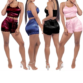 

Women Sexy Underwear Vest Suit Bow V-Neck Slim High Waist Sleeveless Pajamas Lingerie Set Female Top Shorts Silk Lace Sunsuit