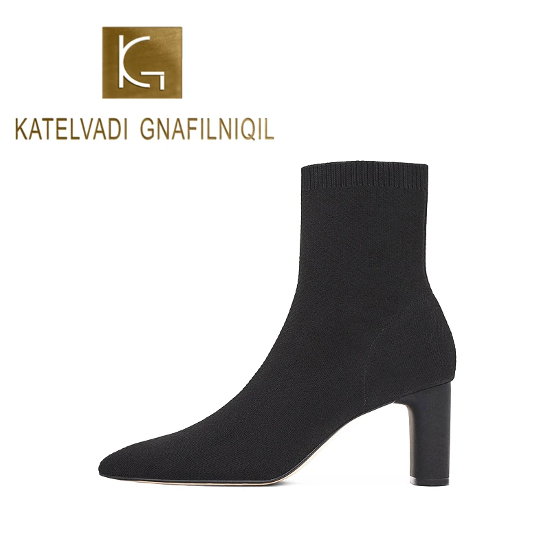 

KATELVADI Brand Women Black Ankle Sock Boots 2020 Knitting Fashion Spring Autumn Stretch Boots Chunky High Heels Pointed Toe Women Shoes K-595