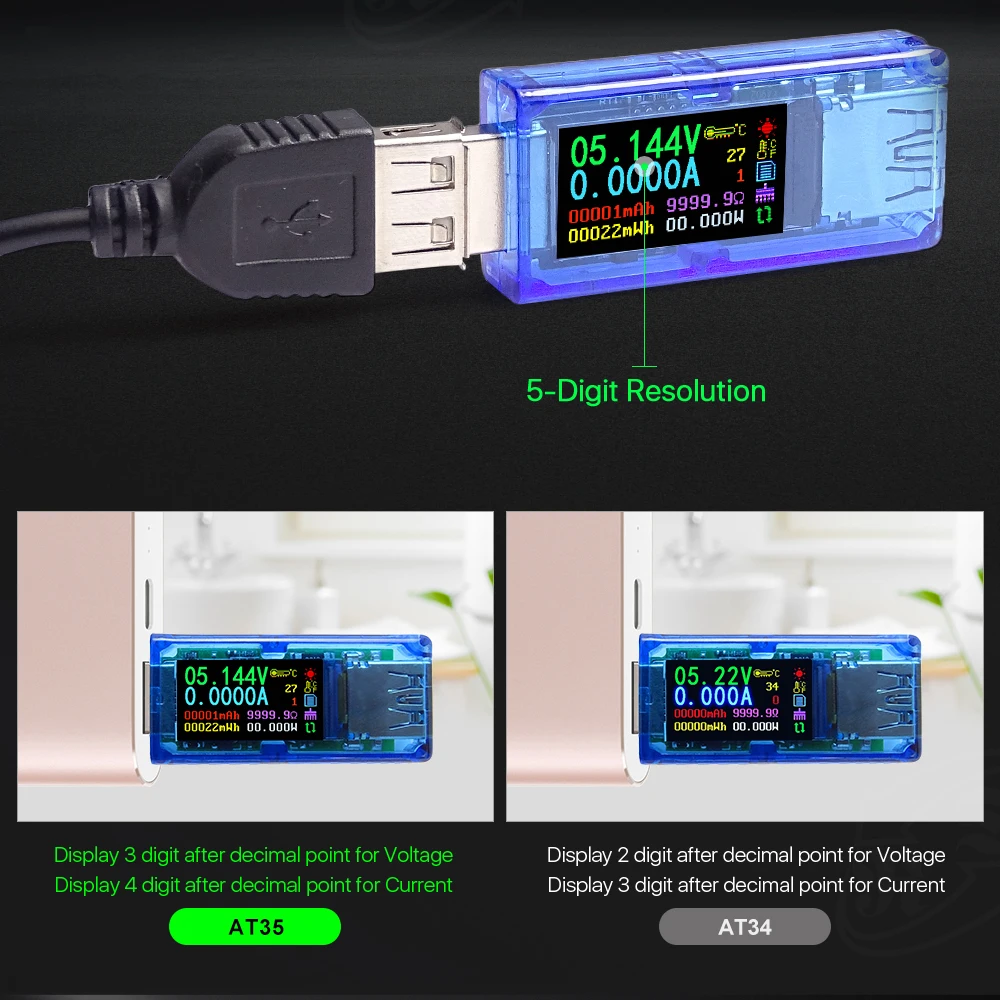 AT35 5 цифр USB 3,0 цветной ЖК-Вольтметр Амперметр Напряжение измеритель тока мультиметр Зарядка батареи банк питания USB Тестер
