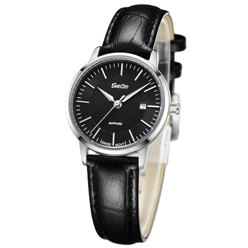 

Sapphire Glass Genuine Leather Strap Thin Fashion Casual Simple Black Steel Quartz Analog Watch Women 28mm with Date Feature