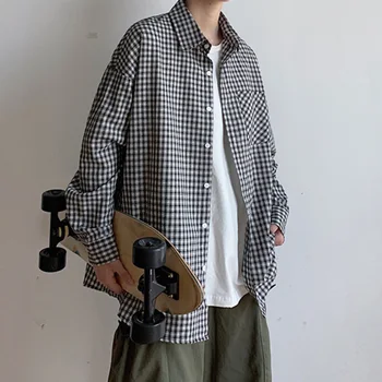 

2019 Spring And Autumn New Korean Version Ins Plaid Jacket Men's Trend Loose Hong Style Casual Shirt Long Sleeve Black M-2XL