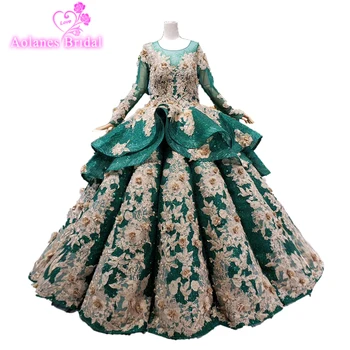 

Dubai Emerald Green Sparkle 3d Flowers Gold Lace Beaded Puffy Ball Gowns 2019 Prom Gowns Luxury Prom Dresses New Robe De Soiree