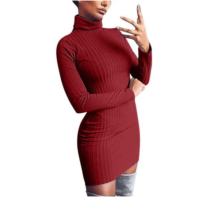 Women Winter Turtleneck Sweater Dresses Red Mini Slim Elastic Long Sleeve  Sexy Dresses Bodycon Robe Dresses Turtleneck Dress - Dresses - AliExpress
