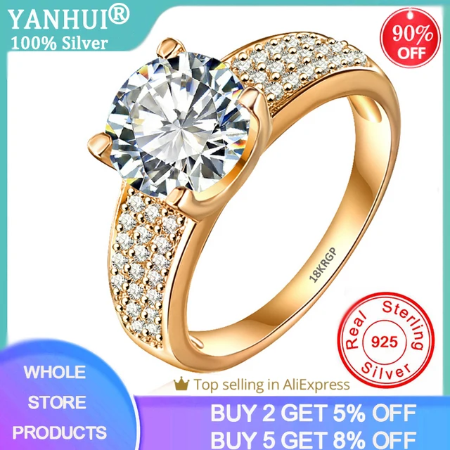 YANHUI Have 18K RGP Stamp Pure Solid Yellow Gold Ring Solitaire 2ct Lab Diamond Wedding Rings For Women Silver 925 Jewelry Ring 1