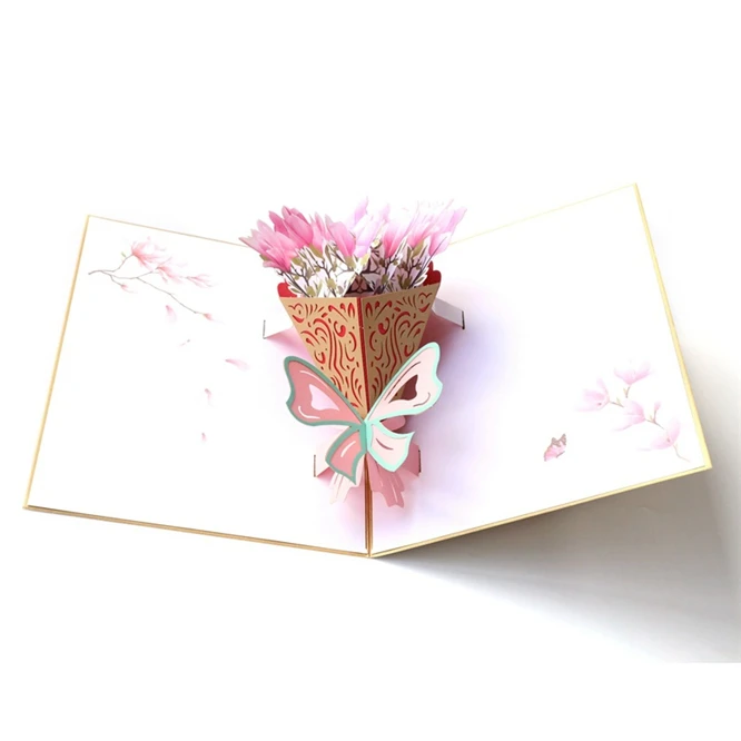  1pc Flower Bouquet shape 3D Pop Up Greeting Cards Xmas Wedding Birthday Valentine's Postcard Xmas G - 4000248671198