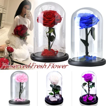 

Eternal Rose Flower With Dome Glass Black Case Artificial Flower Gift For New Year Valentine Christmas Gif Good Home Decoration