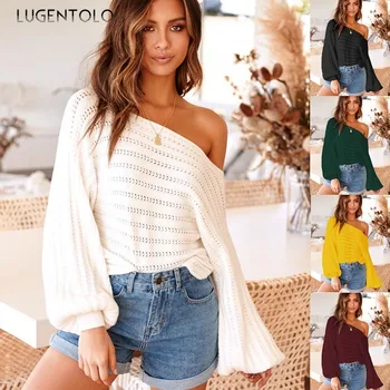 

Lugentolo Womens Sweaters Knitted Neckline Off-Shoulder Lantern Sleeve Bats Loose Spring Autumn Sexy Fashion Pullovers Sweater