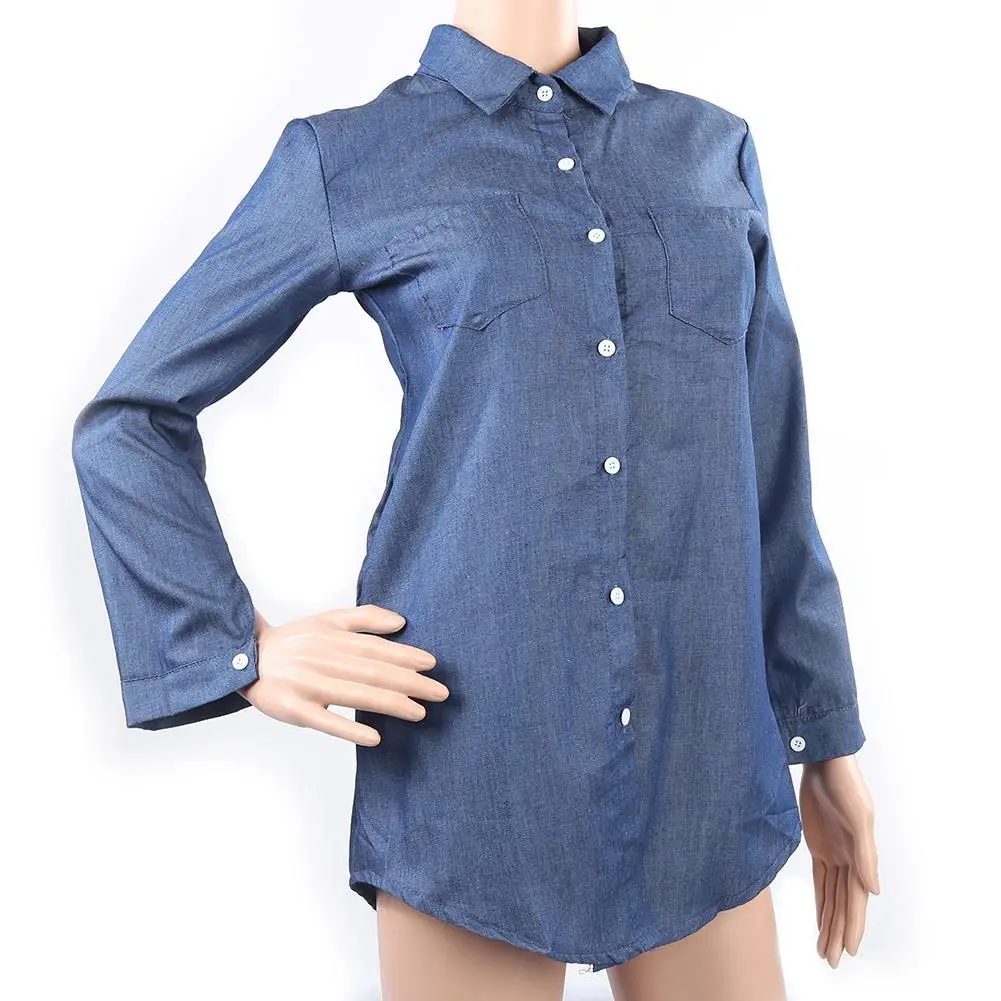 New Fashion Blouse Women Spring Long Sleeve Casual Denim Blouse Tops Shirt Dress Pockets Tops Long Shirt 1