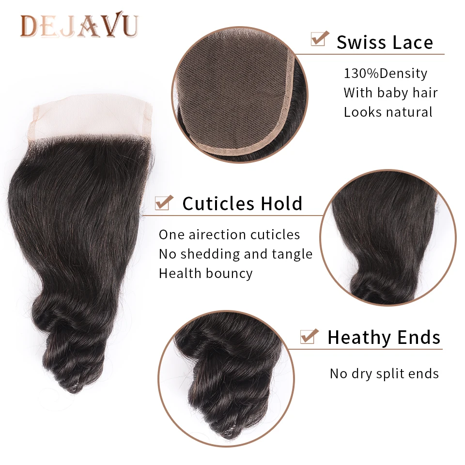 Dejavu Hair Brazilian Loose Wave 3 Bundles With Closure Middle Part Non-Remy Hair Bundles with Closure Natural Color No Tnagle