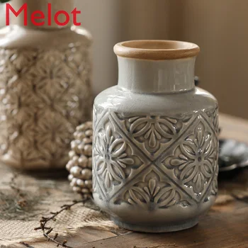 

Domino Embossed Pattern Vintage Vase Decoration Home Accessories American Ceramic Flowerpot High and Low