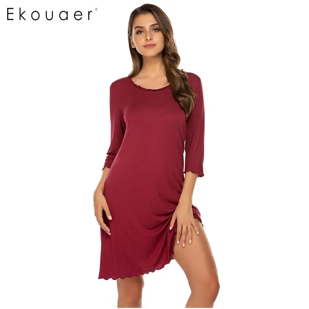 Ekouaer, Женская домашняя одежда, платье, ночная рубашка с круглым вырезом, рукав 3/4, однотонная, трапециевидная, ночная рубашка, платье, женская ночная одежда