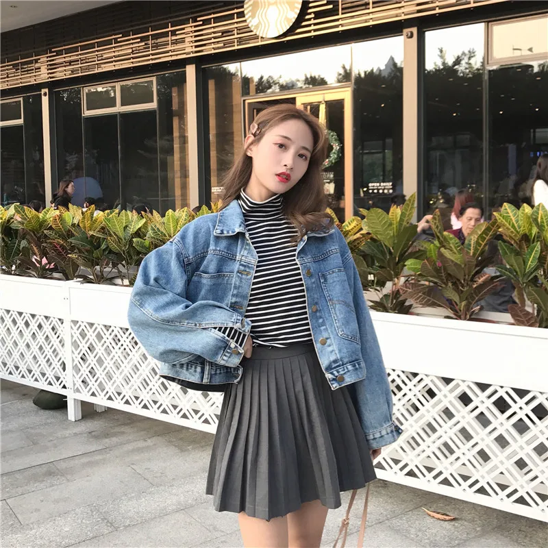 

Autumn WOMEN'S Dress Hong Kong Style CHIC Retro Jacket Jeans Coat Short Versatile Loose-Fit BF Style Long-sleeved Upper Garment