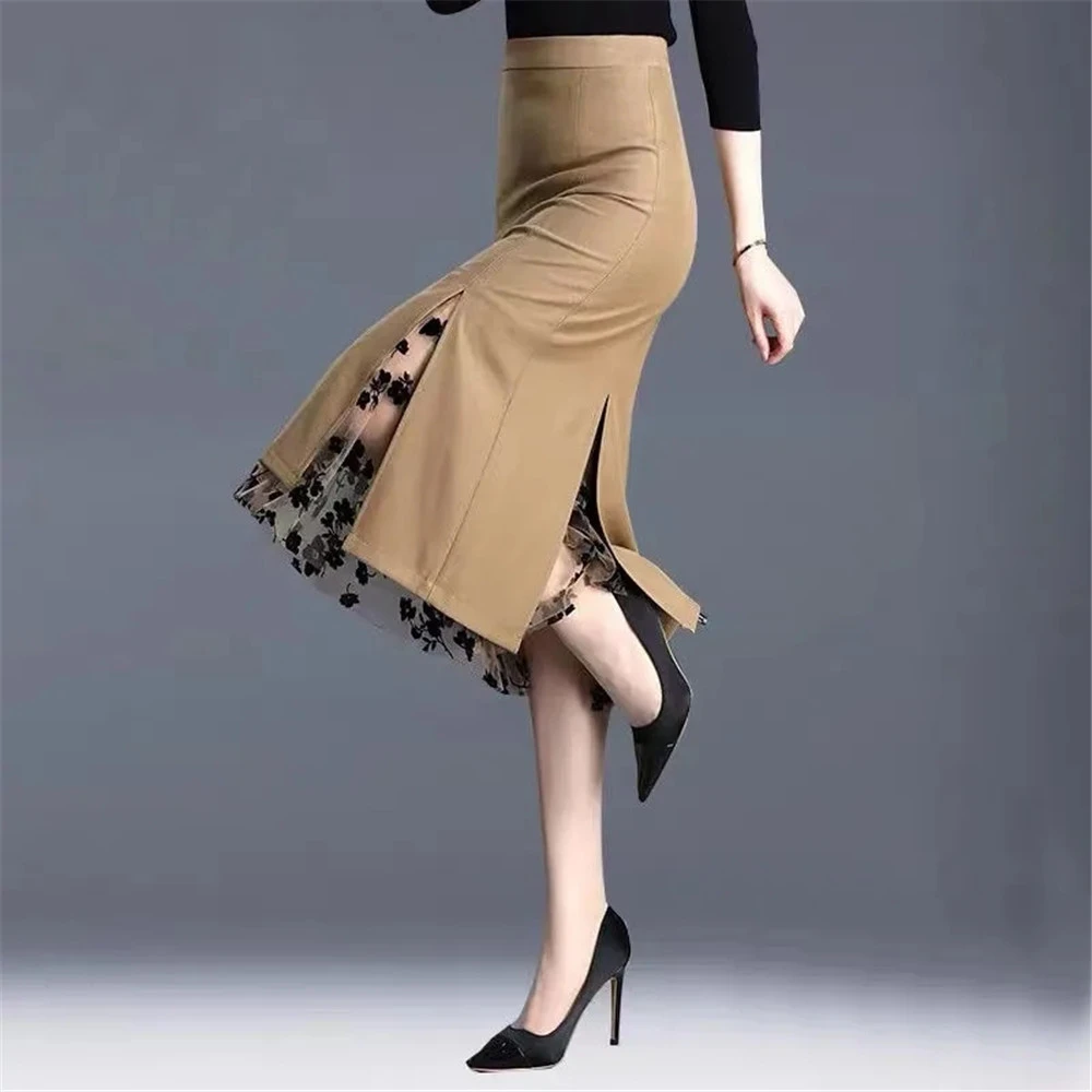 FairyShely 2022 Women Spring Summer Irregular Mesh Skirt Band Splice High Waist Skirt Knee Khaki Split Office Lady Skirt