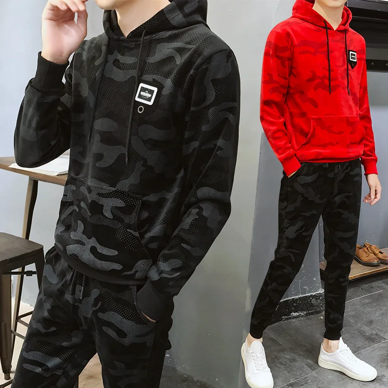 

Autumn & Winter Men Gold Velvet Hoodie Two-Piece Set Teenager Korean-style Trend Men's Leisure Sports Suit