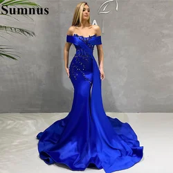 Sumnus Royal Blue Mermaid Prom Dresses Off Shoulder Sequins Beaded Long Formal Evening Gowns Pleat Celebrity Party Dress