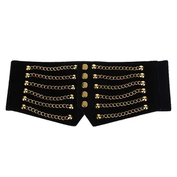 

Gold Tone Chain Front Elastic High Waist Belt Cinch Black For Woman