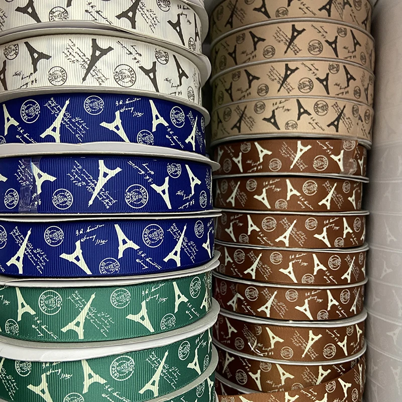 

25mm 50yards/lot The Eiffel Tower Printed Grosgrain Ribbon Texted Pattern Bulk France Souvenir For DIY Gift Wrapping Hand Crafts