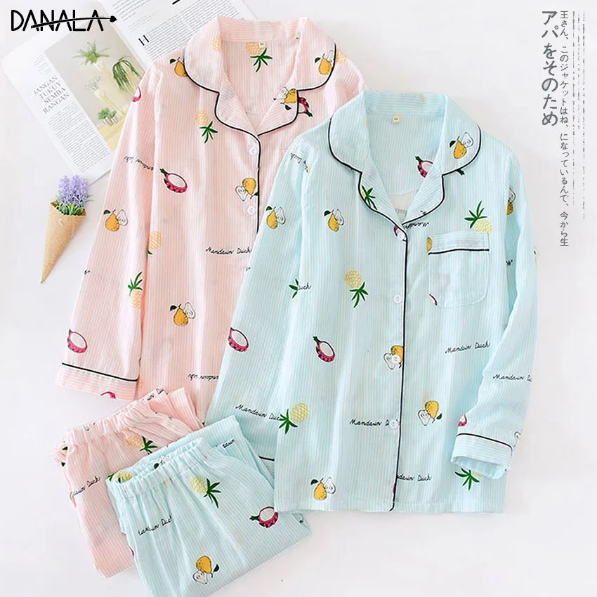 DANALA Janpanese, осенне-зимние пижамные комплекты для женщин, одежда для сна, чистый хлопок, теплые пижамы с фруктовым принтом, одежда для сна с длинным рукавом