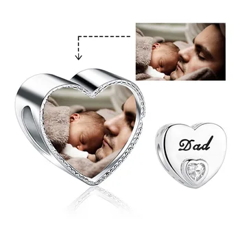 

Special Gift 925 Sterling Silver Love Dad Heart Beads Big Clear CZ Custom Photo Charms for Dad Father’ s Day Birthday Gift