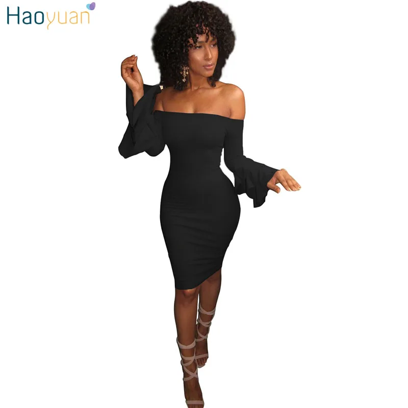 Comprare HAOYUAN Lungo Manica Del Vestito Delle Donne 2019 Abito Sexy Fuori Bodycon Della Spalla Backless Vestito Sottile Nero Corto Abiti Primavera Wrap Dress