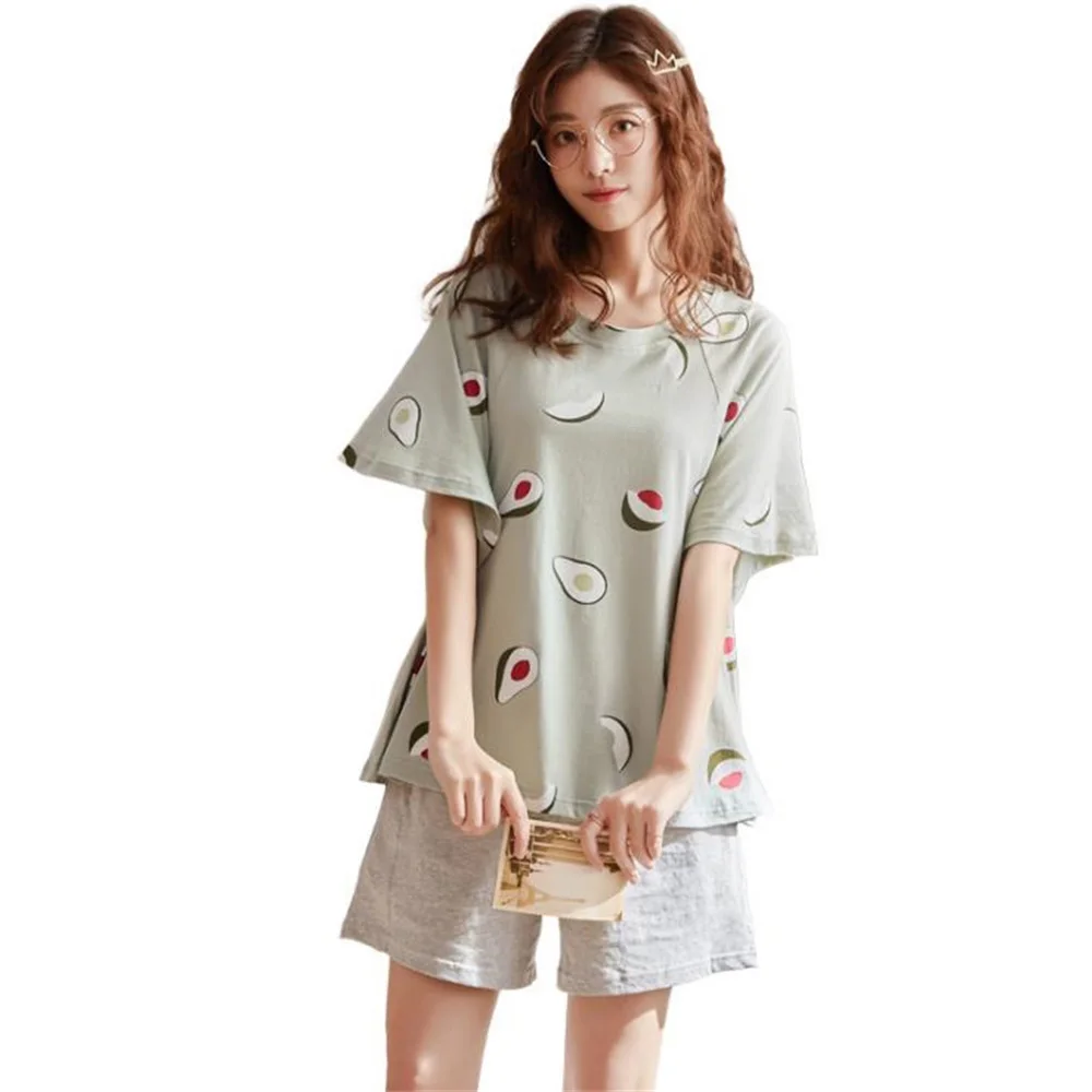 

Hot Sale Sleepwear Sets Avocado Pattern Green Women Lovely O-Neck Pajamas Cotton Short Casual Home Wear Suit Cute Nightwear