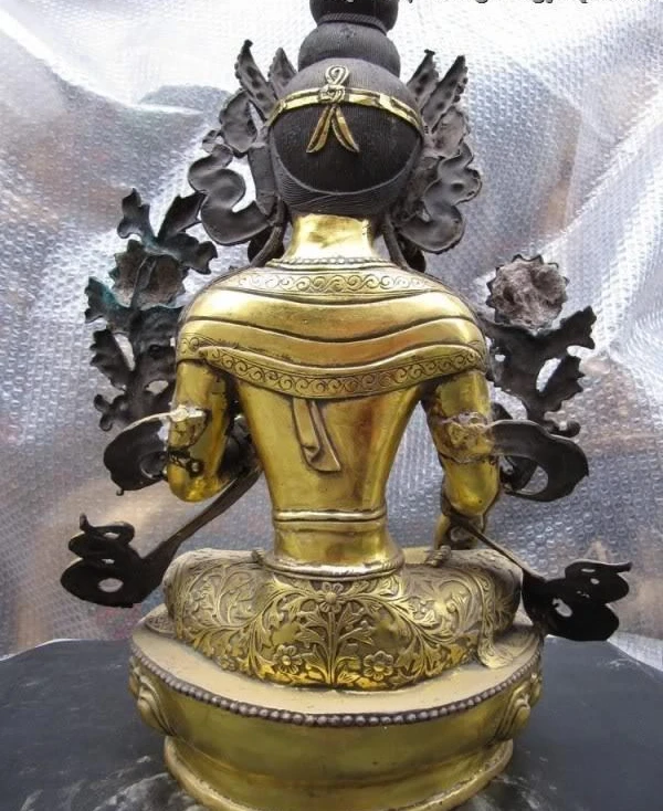 Тибетский буддийский Бронзовый бронзовая позолота Белая Тара Bodhisattva Kwan-Yin статуя Будды
