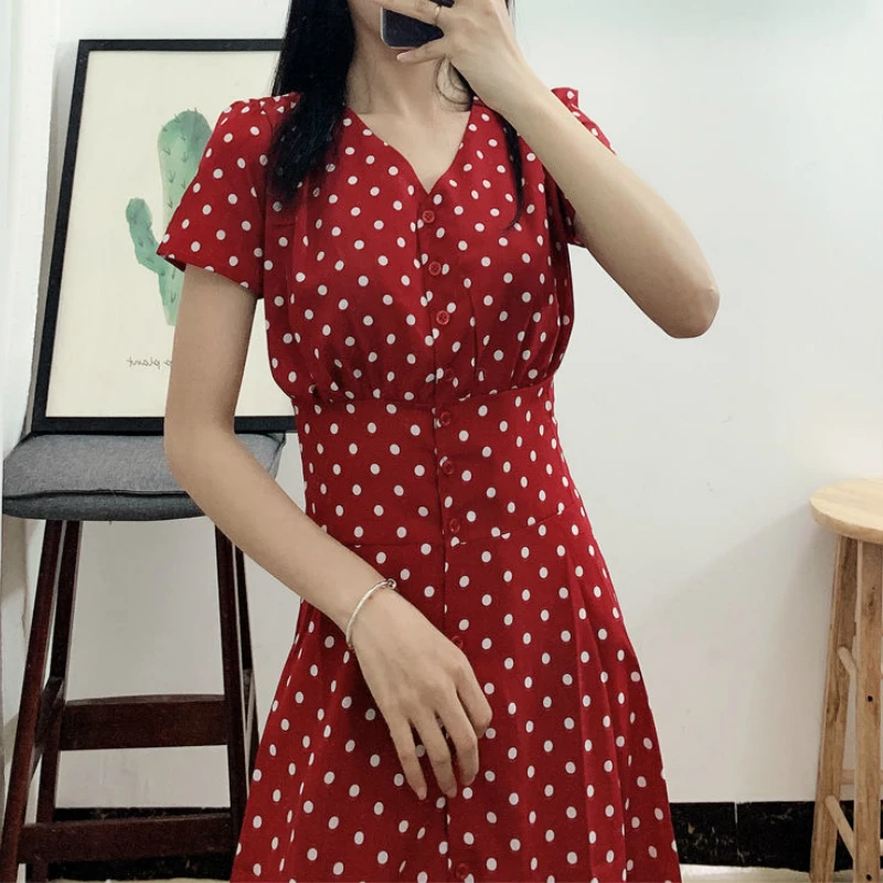 Short Sleeve Dress Women V-neck Polka-dot Chiffon Elegant Chic Single-breasted Chic Slender Sexy High-waist Korean Retro Grils homecoming dresses