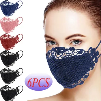 

6pc Delicate Lace Applique Washable and Reusable Mouth Face Mask Adult Brethable Outdoor Protective Face Cover mascarilla adulto