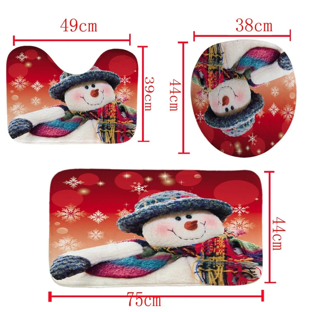 3Pcs/set Christmas Red Gift Bathroom Mat Set Flannel Anti-Slip Kitchen Mat Carpet Bathroom Toilet Rug Washable Shower Curtain