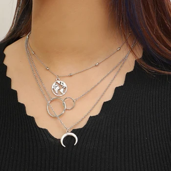 

TTLIFE Multi-Layer Moon World Map Pendant Necklace for Women Silver Color Round Circle Necklace Female Party Gift 2020 Fashion