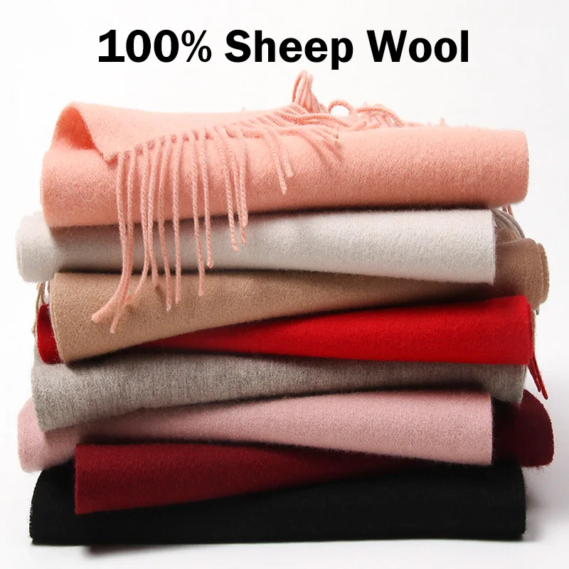 

Classic Black 100% Wool Scarf Women Winter Autumn 2019 Solid Fringes Warm Sheep Wool Scarves Ladies Soft Long Fine Wool Scarfs