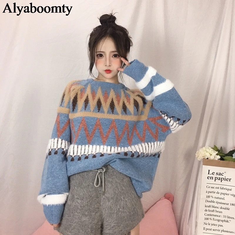 Японский Harajuku Женский Уличная осенне-зимний свитер контрастного цвета с