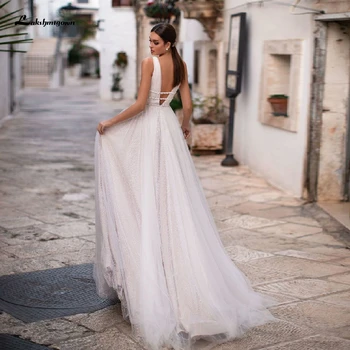 

Lakshmigown Chic V Neck Wedding Dress A Line 2020 Abiti da Sposa Glitter Tulle Mariage Summer Bridal Dress V Back Beaded Gowns