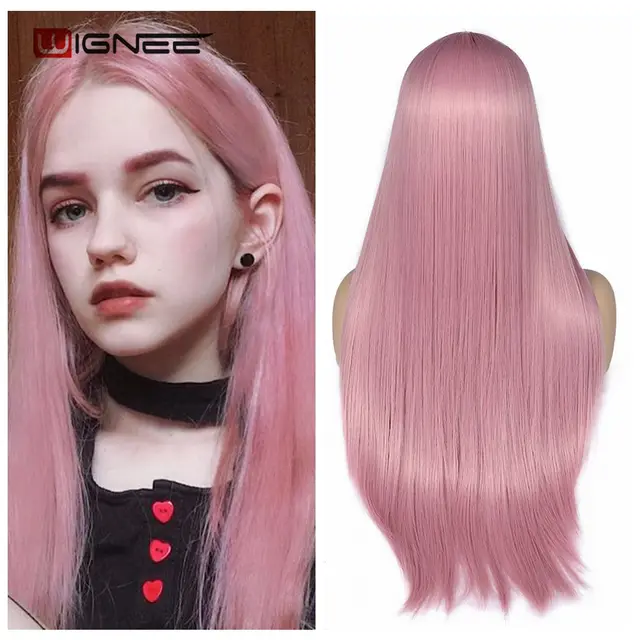 Wignee Long Natural Straight Wig Blonde Middle Part Cosplay Party Lolita Synthetic Wigs for Women Heat Resistant Fiber Pink